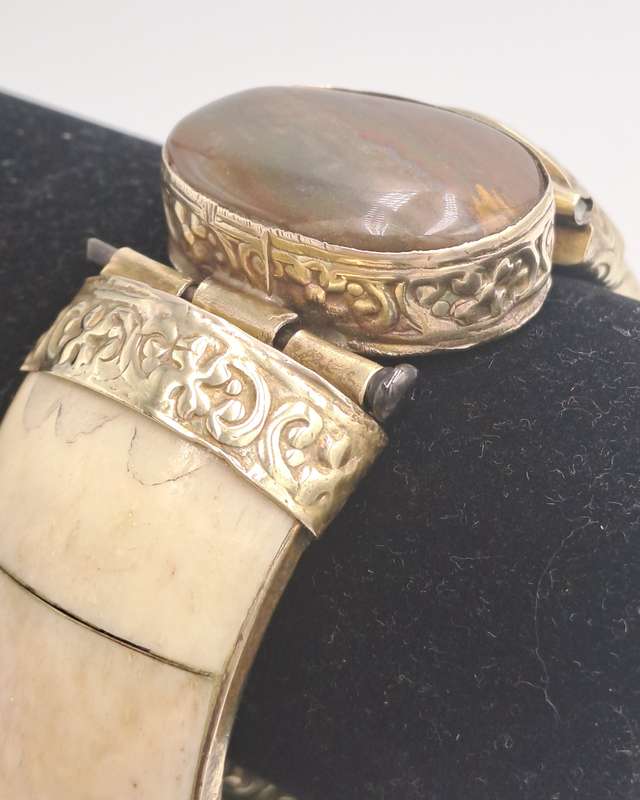 Antique Bovine Bone Bohemian Bangle Bracelet Hinged with Large Oval Brown Stone