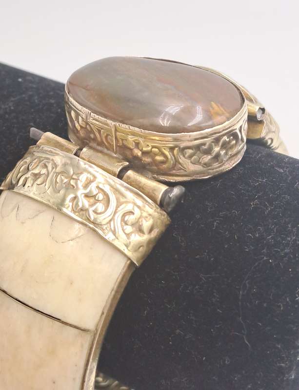 Antique Bovine Bone Bohemian Bangle Bracelet Hinged with Large Oval Brown Stone
