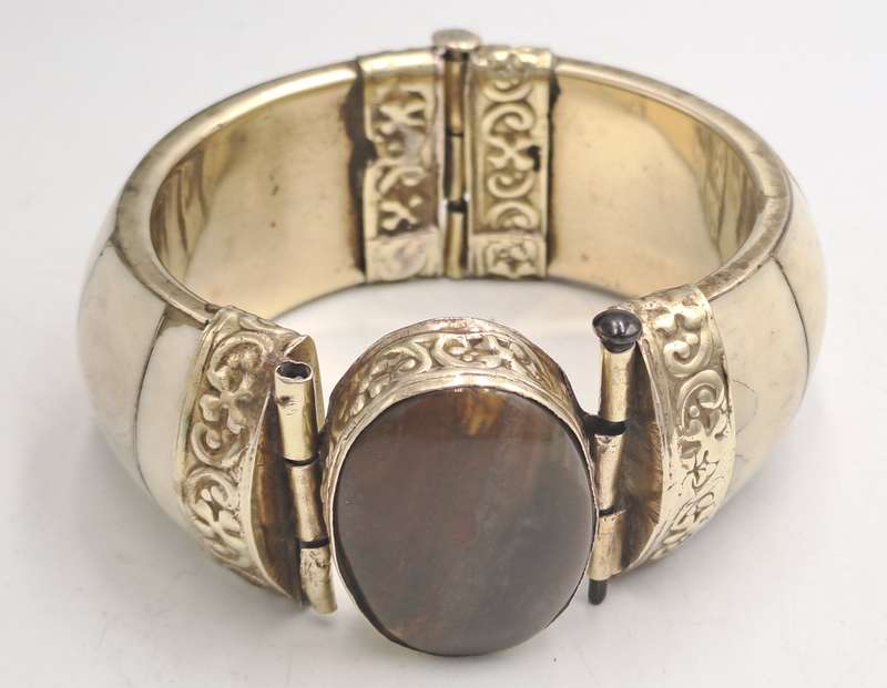 Antique Bovine Bone Bohemian Bangle Bracelet Hinged with Large Oval Brown Stone