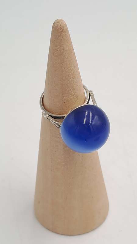 Pre-owned 925 Sterling Silver Vintage Fiber Optic Blue Cat's Eye Gem Round Domed Ring