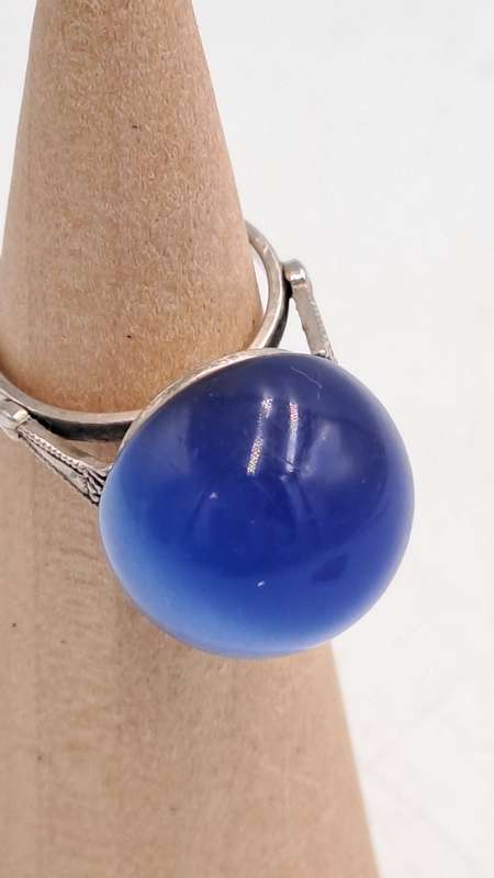 Pre-owned 925 Sterling Silver Vintage Fiber Optic Blue Cat's Eye Gem Round Domed Ring