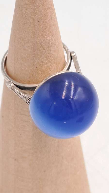 Pre-owned 925 Sterling Silver Vintage Fiber Optic Blue Cat's Eye Gem Round Domed Ring