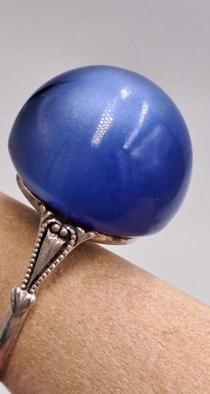 Pre-owned 925 Sterling Silver Vintage Fiber Optic Blue Cat's Eye Gem Round Domed Ring