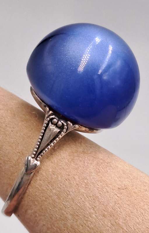 Pre-owned 925 Sterling Silver Vintage Fiber Optic Blue Cat's Eye Gem Round Domed Ring