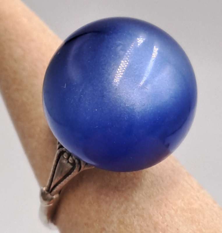 Pre-owned 925 Sterling Silver Vintage Fiber Optic Blue Cat's Eye Gem Round Domed Ring