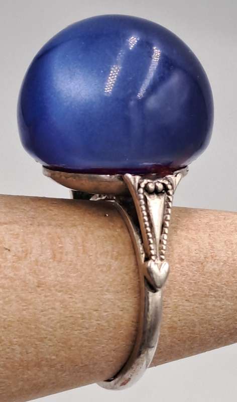 Pre-owned 925 Sterling Silver Vintage Fiber Optic Blue Cat's Eye Gem Round Domed Ring
