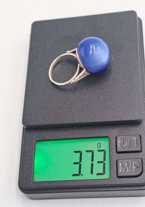 Pre-owned 925 Sterling Silver Vintage Fiber Optic Blue Cat's Eye Gem Round Domed Ring