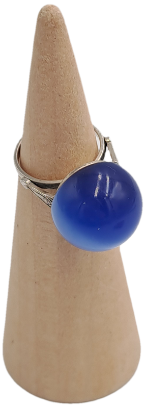 Pre-owned 925 Sterling Silver Vintage Fiber Optic Blue Cat's Eye Gem Round Domed Ring
