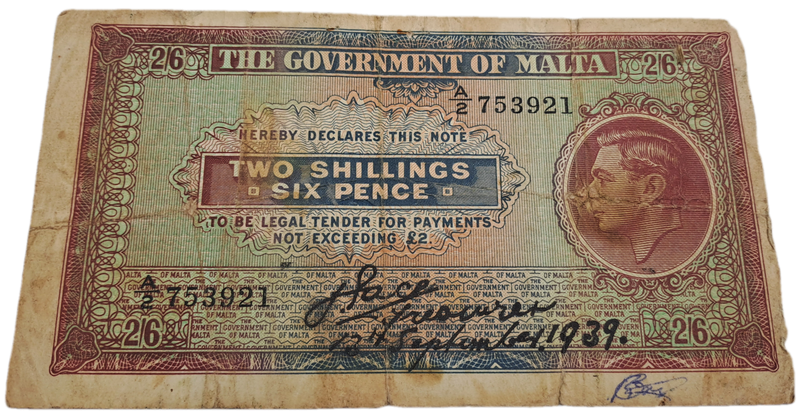 Rare !! 1939  Malta  2 Shillings -(6 Pence) - George VI