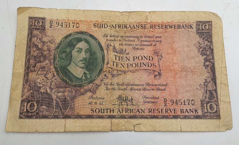 Rare!!! 1955 South Africa 10 Pounds Note Afrikaans-English-M.H de Kock