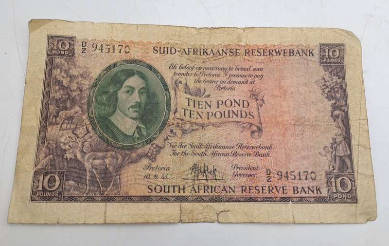 Rare!!! 1955 South Africa 10 Pounds Note Afrikaans-English-M.H de Kock