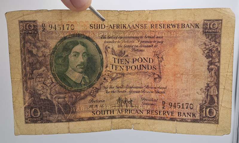 Rare!!! 1955 South Africa 10 Pounds Note Afrikaans-English-M.H de Kock