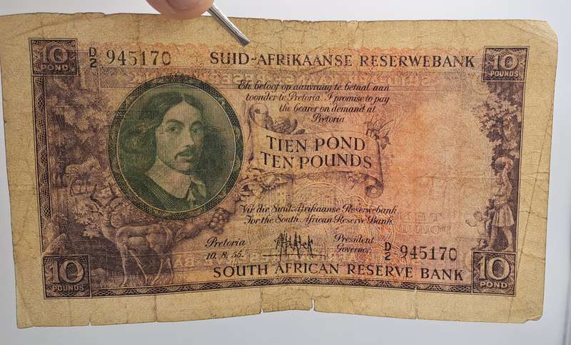 Rare!!! 1955 South Africa 10 Pounds Note Afrikaans-English-M.H de Kock