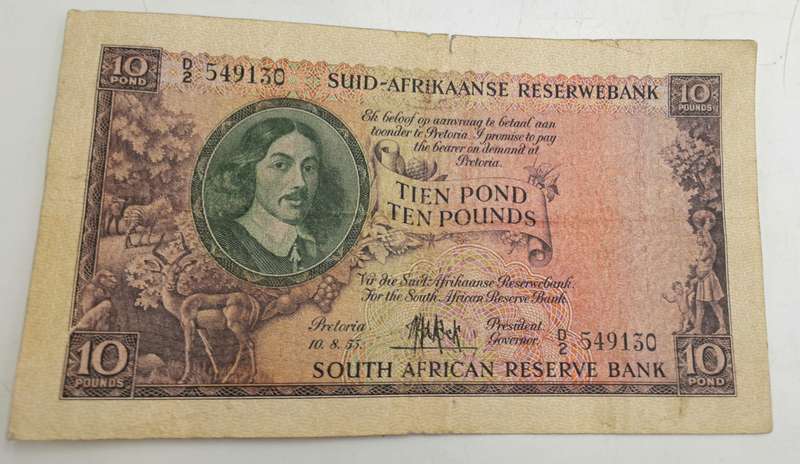 Rare!!! 1955 South Africa 10 Pounds Note Afrikaans-English-M.H de Kock
