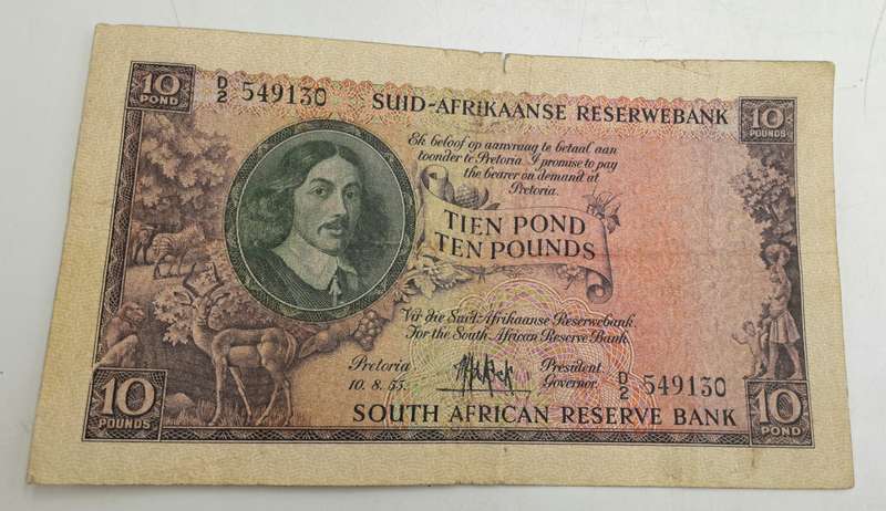 Rare!!! 1955 South Africa 10 Pounds Note Afrikaans-English-M.H de Kock