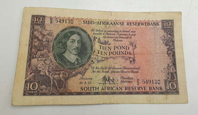 Rare!!! 1955 South Africa 10 Pounds Note Afrikaans-English-M.H de Kock