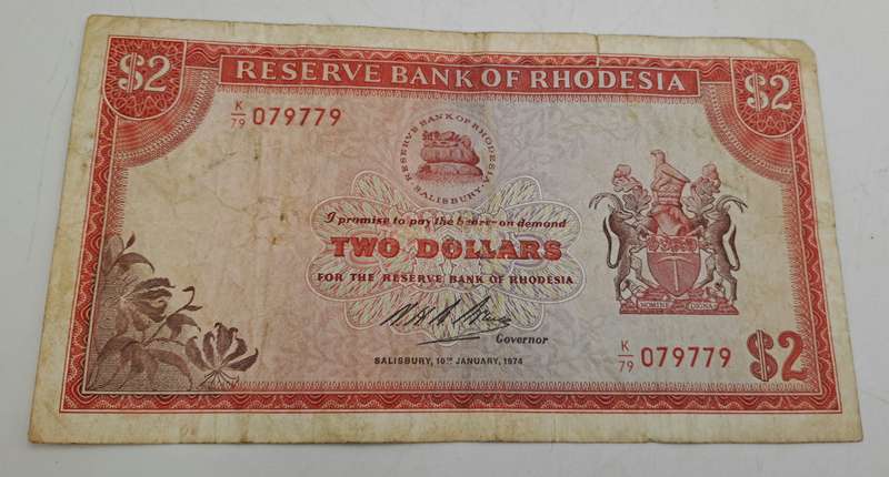 1974 Rhodesia 2 Dollars Bank Note -Rhodes watermark