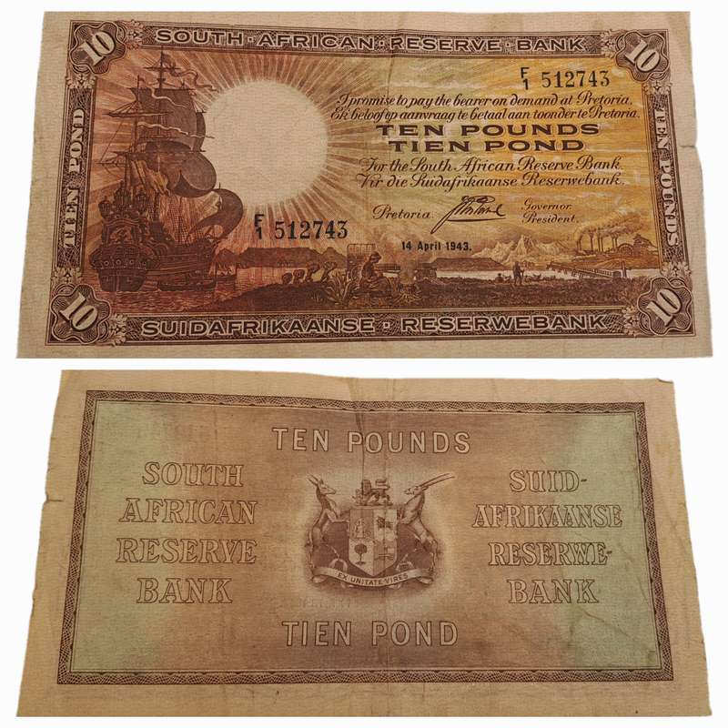 Rare!!! 1943 South Africa 10 Pounds Note English - Afrikaans-J. Postmus