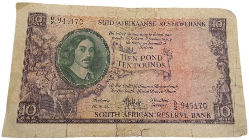 Rare!!! 1955 South Africa 10 Pounds Note Afrikaans-English-M.H de Kock