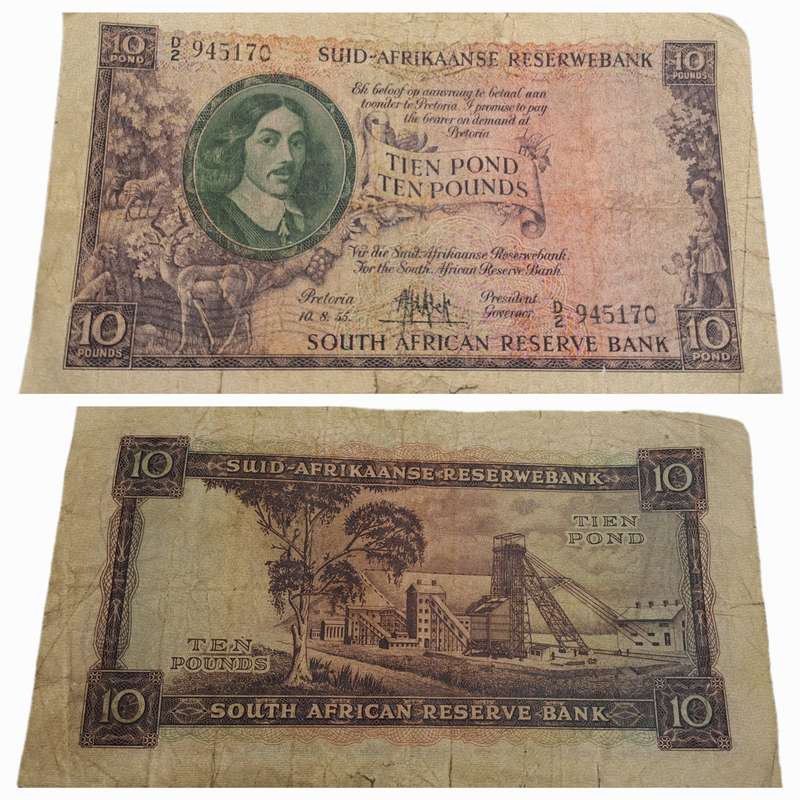 Rare!!! 1955 South Africa 10 Pounds Note Afrikaans-English-M.H de Kock