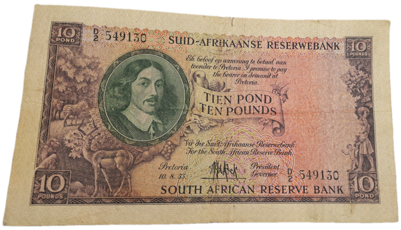 Rare!!! 1955 South Africa 10 Pounds Note Afrikaans-English-M.H de Kock