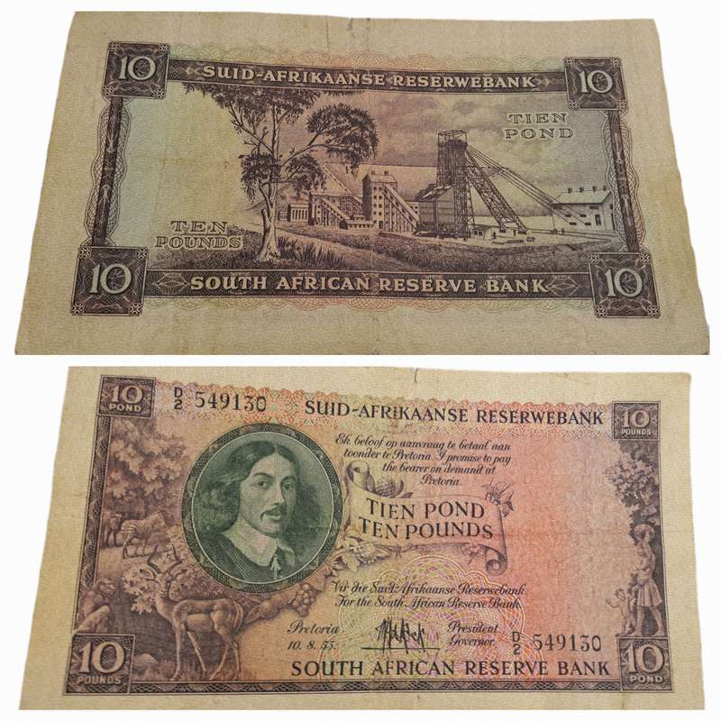 Rare!!! 1955 South Africa 10 Pounds Note Afrikaans-English-M.H de Kock