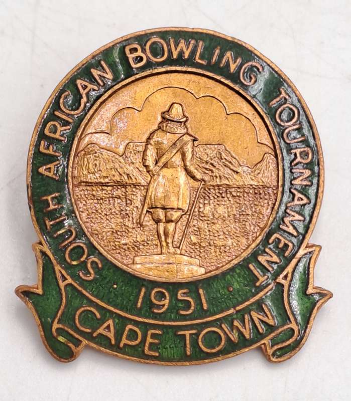Vintage 1951 South African Bowling Tournament Cape Town   Pin /Badge - Brass and Enamel