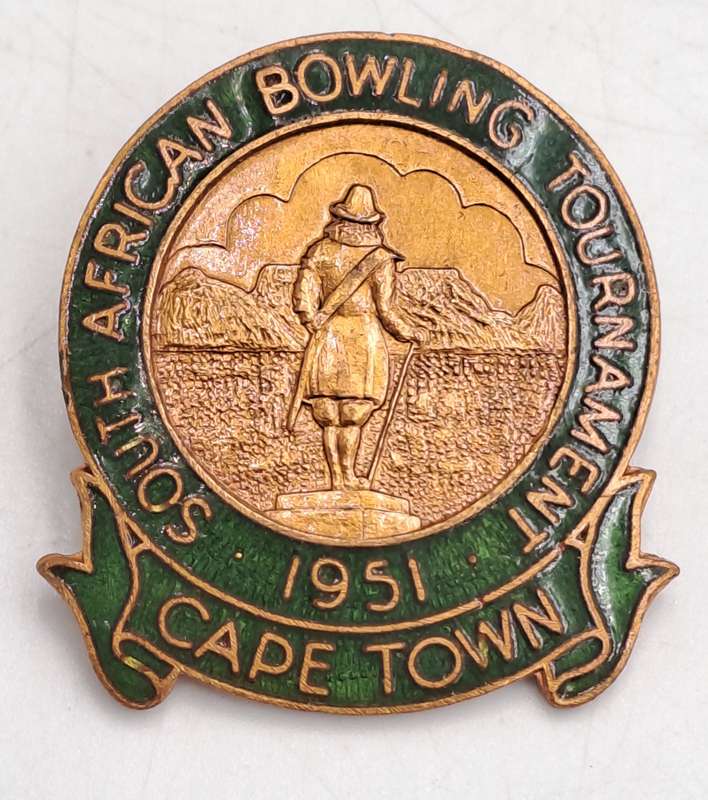Vintage 1951 South African Bowling Tournament Cape Town   Pin /Badge - Brass and Enamel