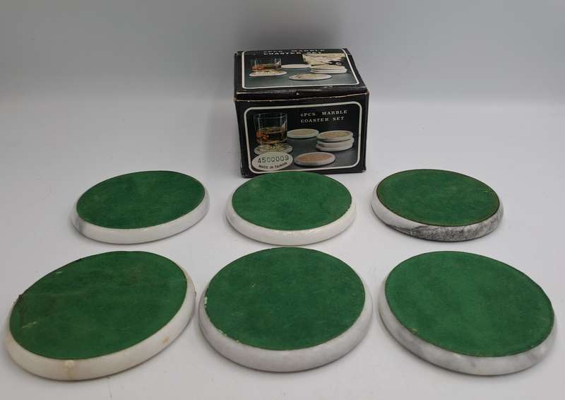 6 Vintage Marble Coasters -Boxed - One is cracked