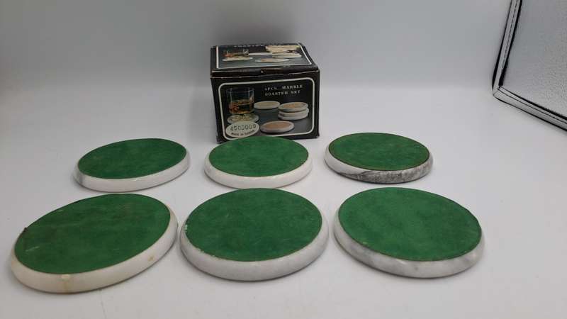 6 Vintage Marble Coasters -Boxed - One is cracked
