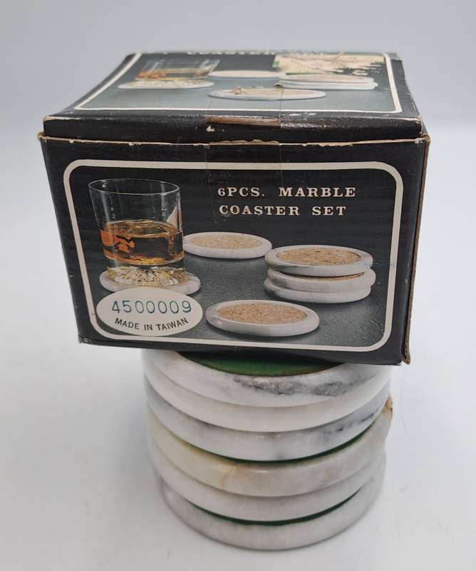 6 Vintage Marble Coasters -Boxed - One is cracked
