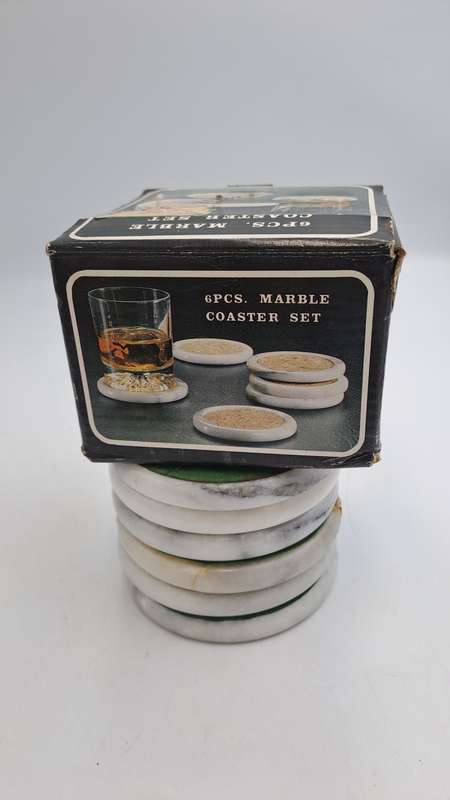 6 Vintage Marble Coasters -Boxed - One is cracked