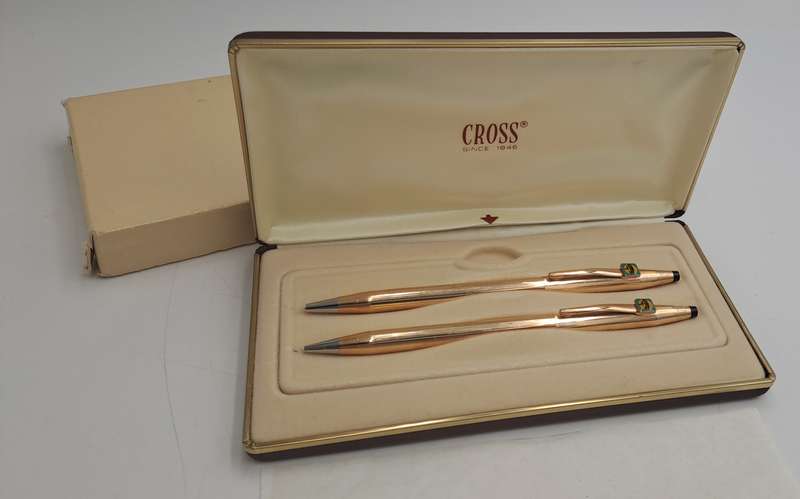 1/20 14kt Rolled Gold Cross Ball pen and pencil set -FNB Branded-metal Case-Made in Ireland