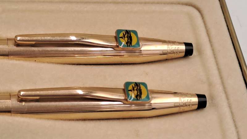 1/20 14kt Rolled Gold Cross Ball pen and pencil set -FNB Branded-metal Case-Made in Ireland