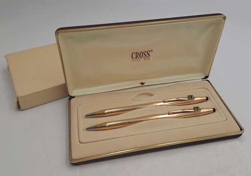 1/20 14kt Rolled Gold Cross Ball pen and pencil set -FNB Branded-metal Case-Made in Ireland