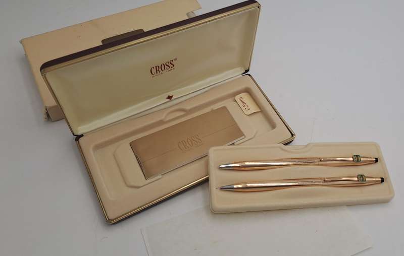 1/20 14kt Rolled Gold Cross Ball pen and pencil set -FNB Branded-metal Case-Made in Ireland