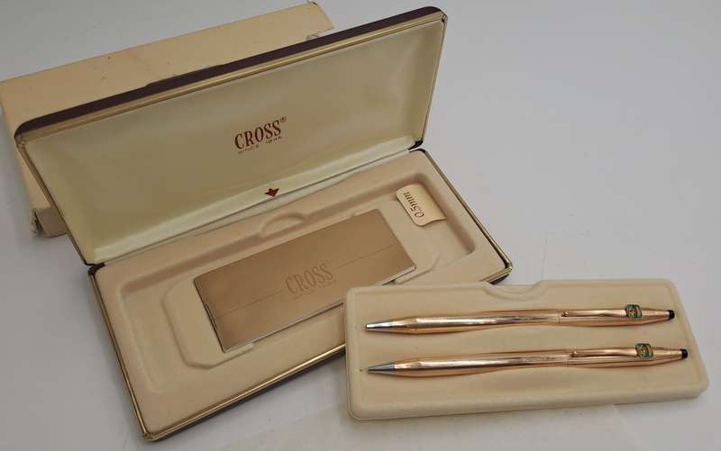 1/20 14kt Rolled Gold Cross Ball pen and pencil set -FNB Branded-metal Case-Made in Ireland