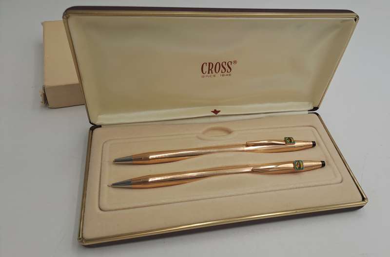 1/20 14kt Rolled Gold Cross Ball pen and pencil set -FNB Branded-metal Case-Made in Ireland