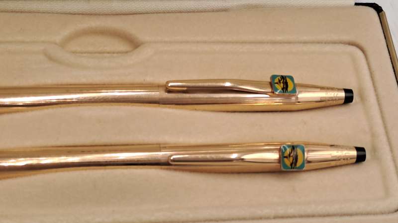 1/20 14kt Rolled Gold Cross Ball pen and pencil set -FNB Branded-metal Case-Made in Ireland