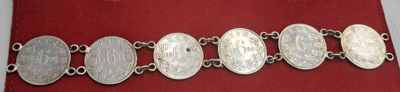 1894 to 1896 6 X Z.A.R  Paul Kruger .925 Silver 6 Pence Coins made into a bracelet
