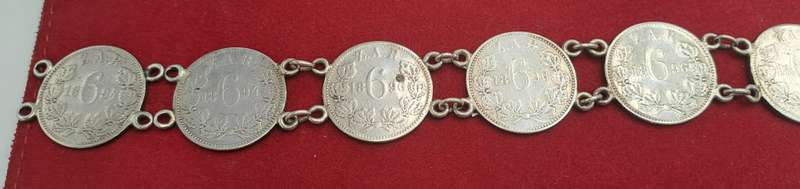 1894 to 1896 6 X Z.A.R  Paul Kruger .925 Silver 6 Pence Coins made into a bracelet