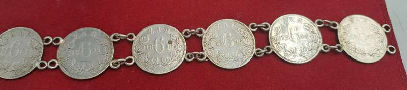 1894 to 1896 6 X Z.A.R  Paul Kruger .925 Silver 6 Pence Coins made into a bracelet
