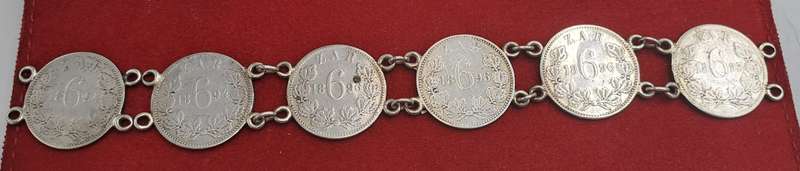 1894 to 1896 6 X Z.A.R  Paul Kruger .925 Silver 6 Pence Coins made into a bracelet