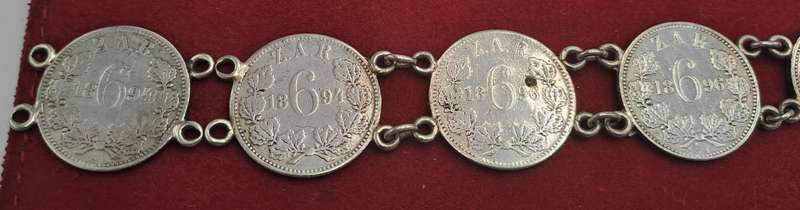 1894 to 1896 6 X Z.A.R  Paul Kruger .925 Silver 6 Pence Coins made into a bracelet
