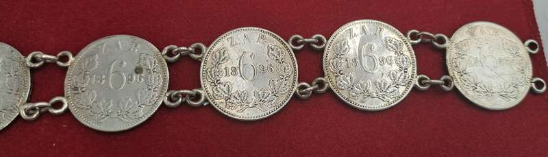 1894 to 1896 6 X Z.A.R  Paul Kruger .925 Silver 6 Pence Coins made into a bracelet