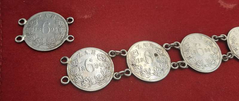 1894 to 1896 6 X Z.A.R  Paul Kruger .925 Silver 6 Pence Coins made into a bracelet