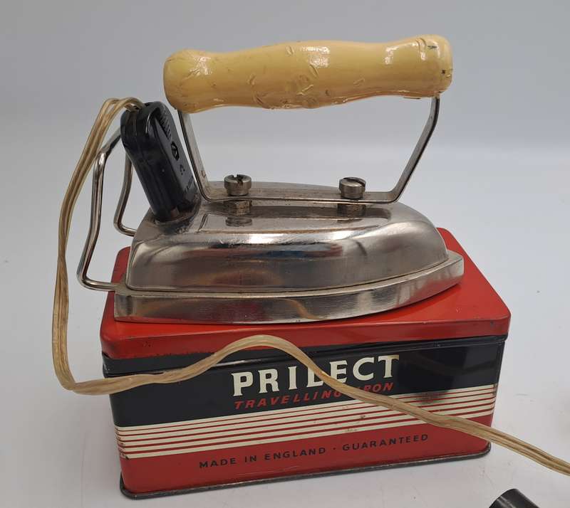 Vintage 1950's PRILECT Travelling Iron in Original Tin Box Cord and Plug