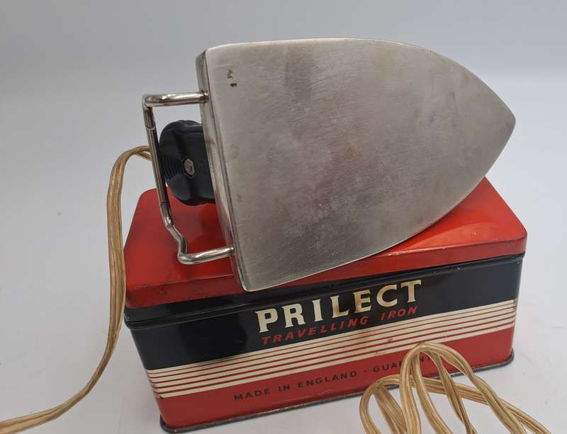 Vintage 1950's PRILECT Travelling Iron in Original Tin Box Cord and Plug