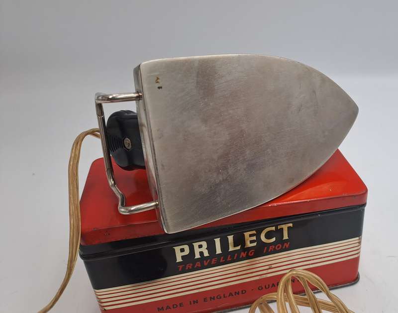 Vintage 1950's PRILECT Travelling Iron in Original Tin Box Cord and Plug