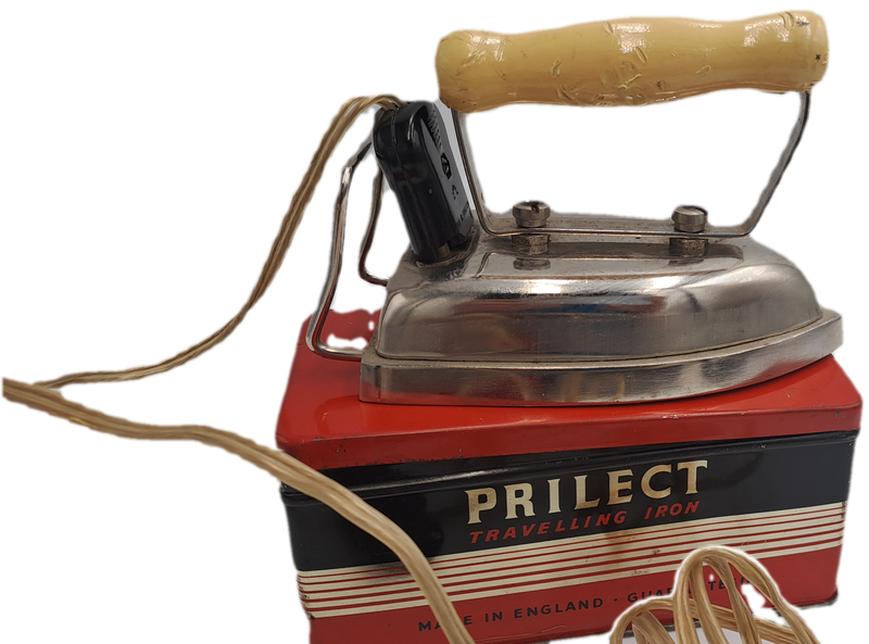 Vintage 1950's PRILECT Travelling Iron in Original Tin Box Cord and Plug